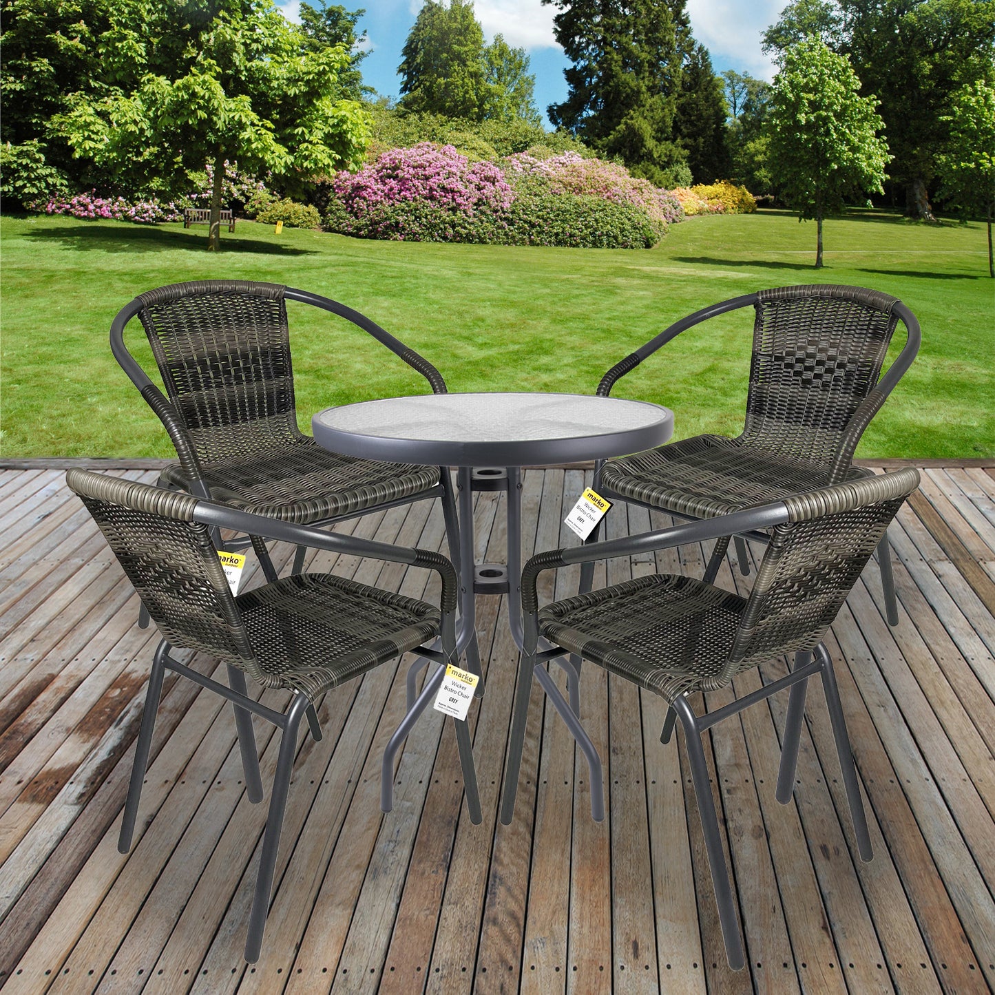 5PC Grey Patterned Wicker Chairs with 60cm Silver Round Bistro Table