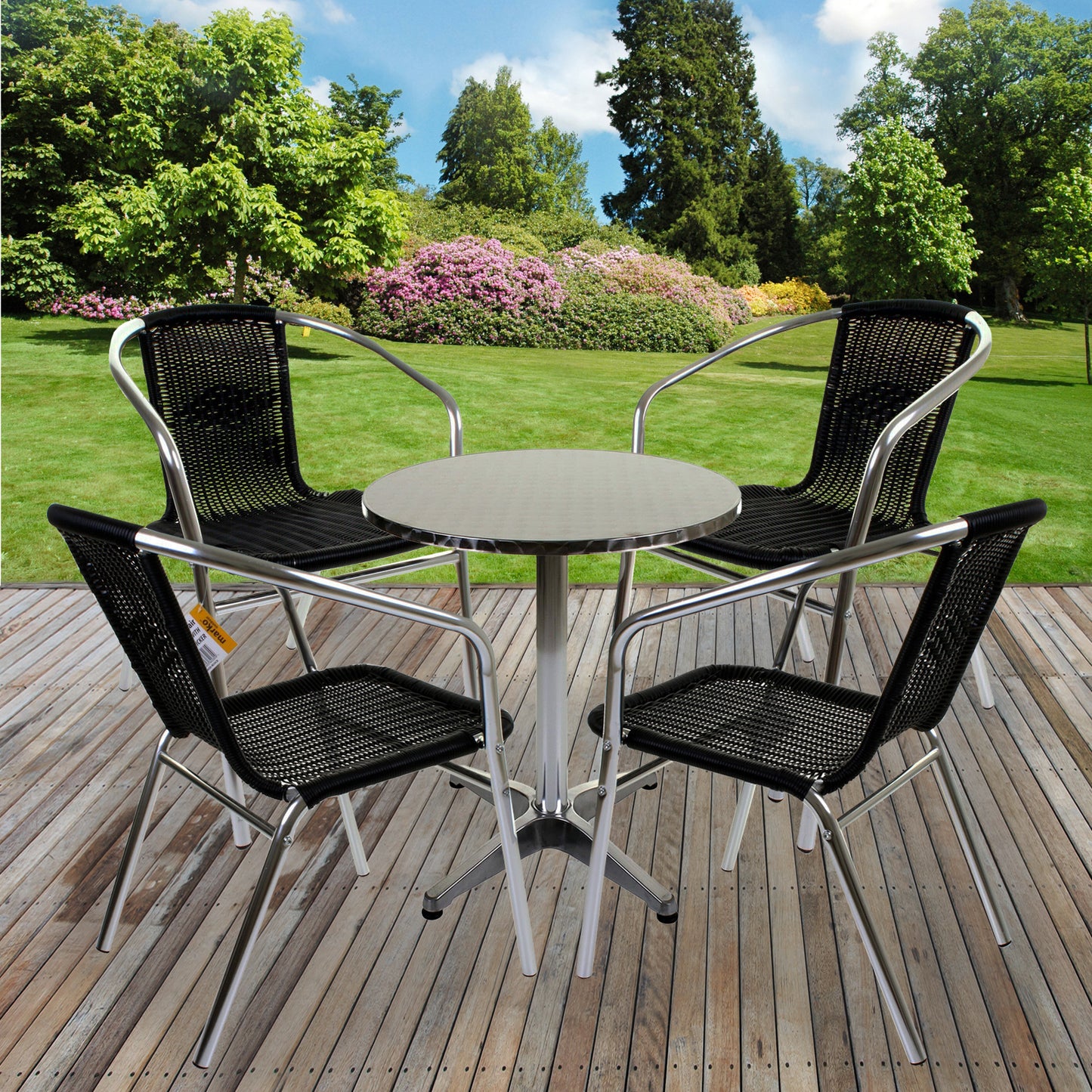 5PC Chrome Black Wicker Chair with Aluminium Chrome 60cm Round Table