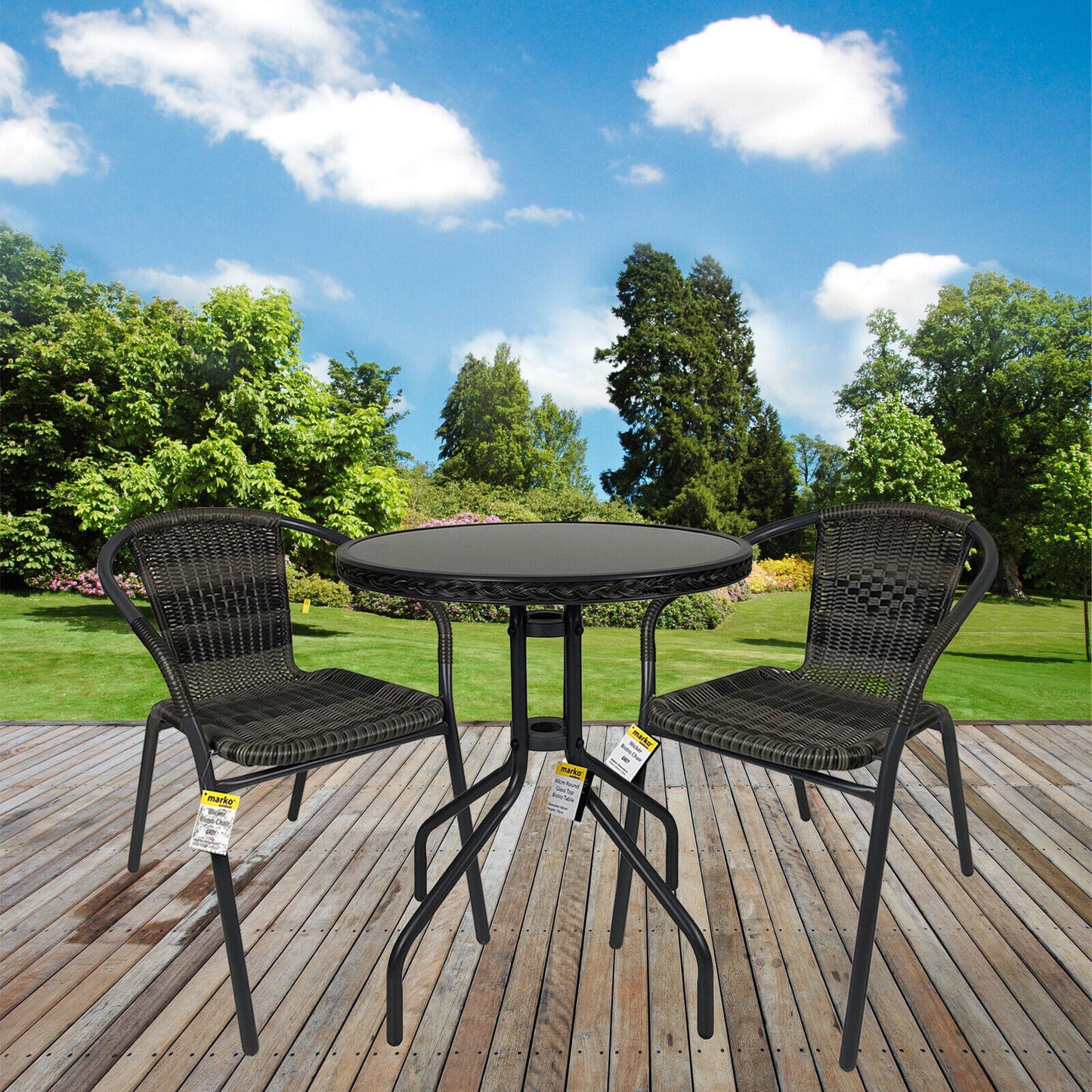 3PC Grey Patterned Wicker Chairs with 60cm Grey Wicker Edge Round Bistro Table