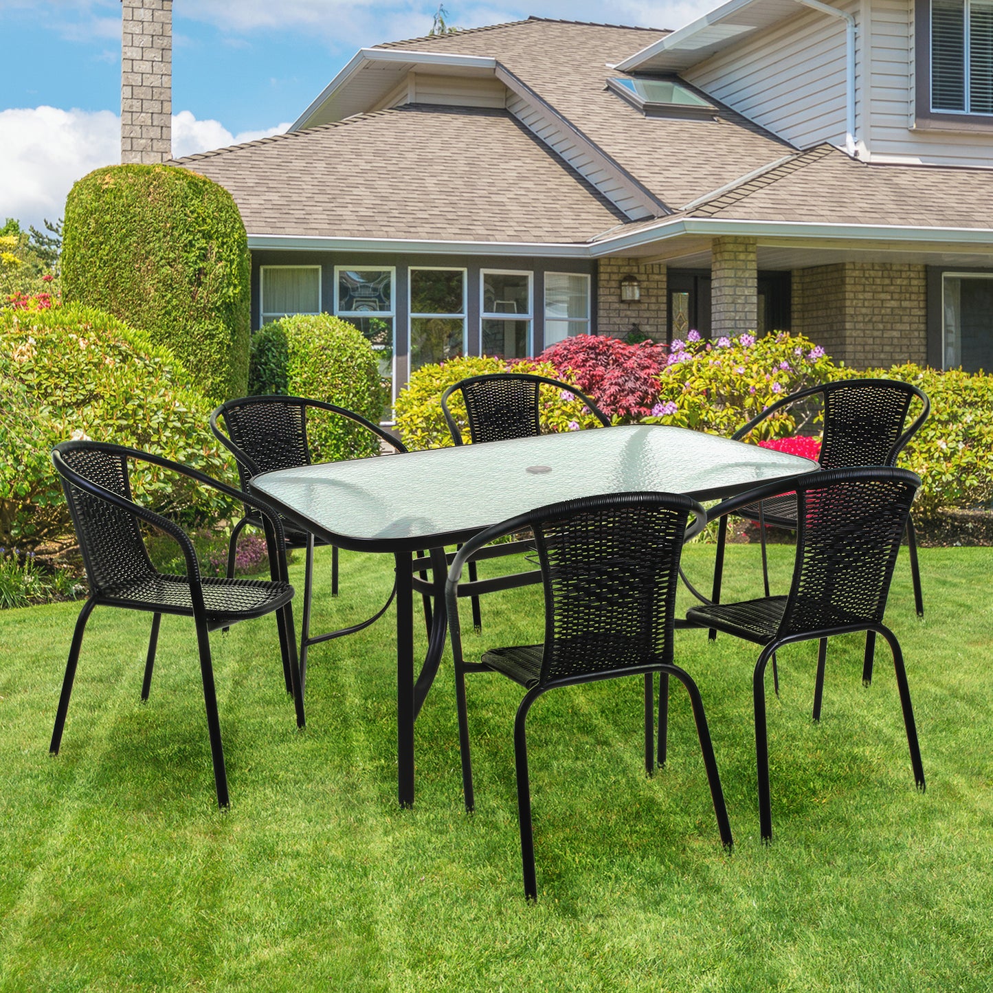 7PC Black Wicker Bistro Set with Black 150cm Rectangular Table