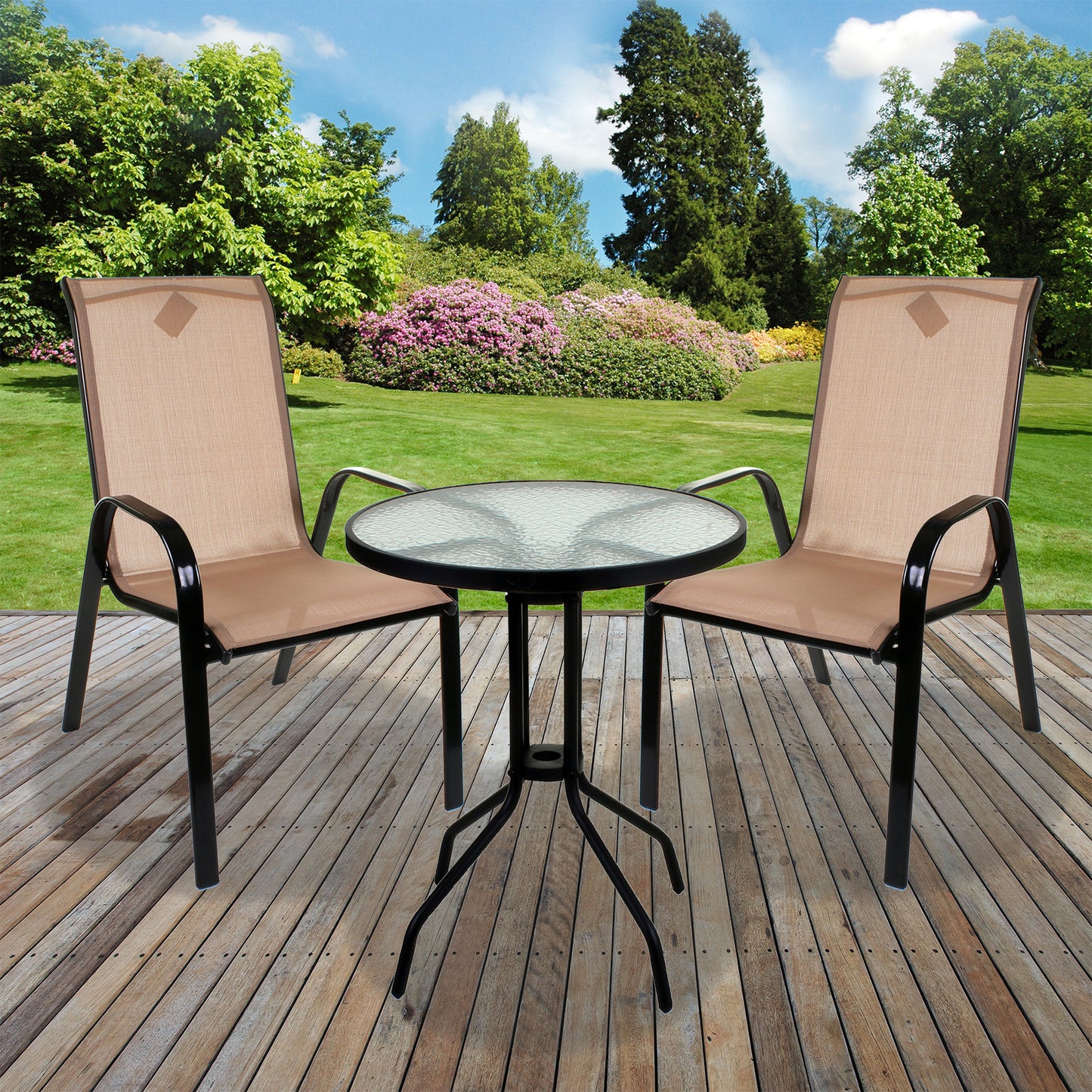 3PC Cream Textoline Bistro Set with Black 60cm Round Table