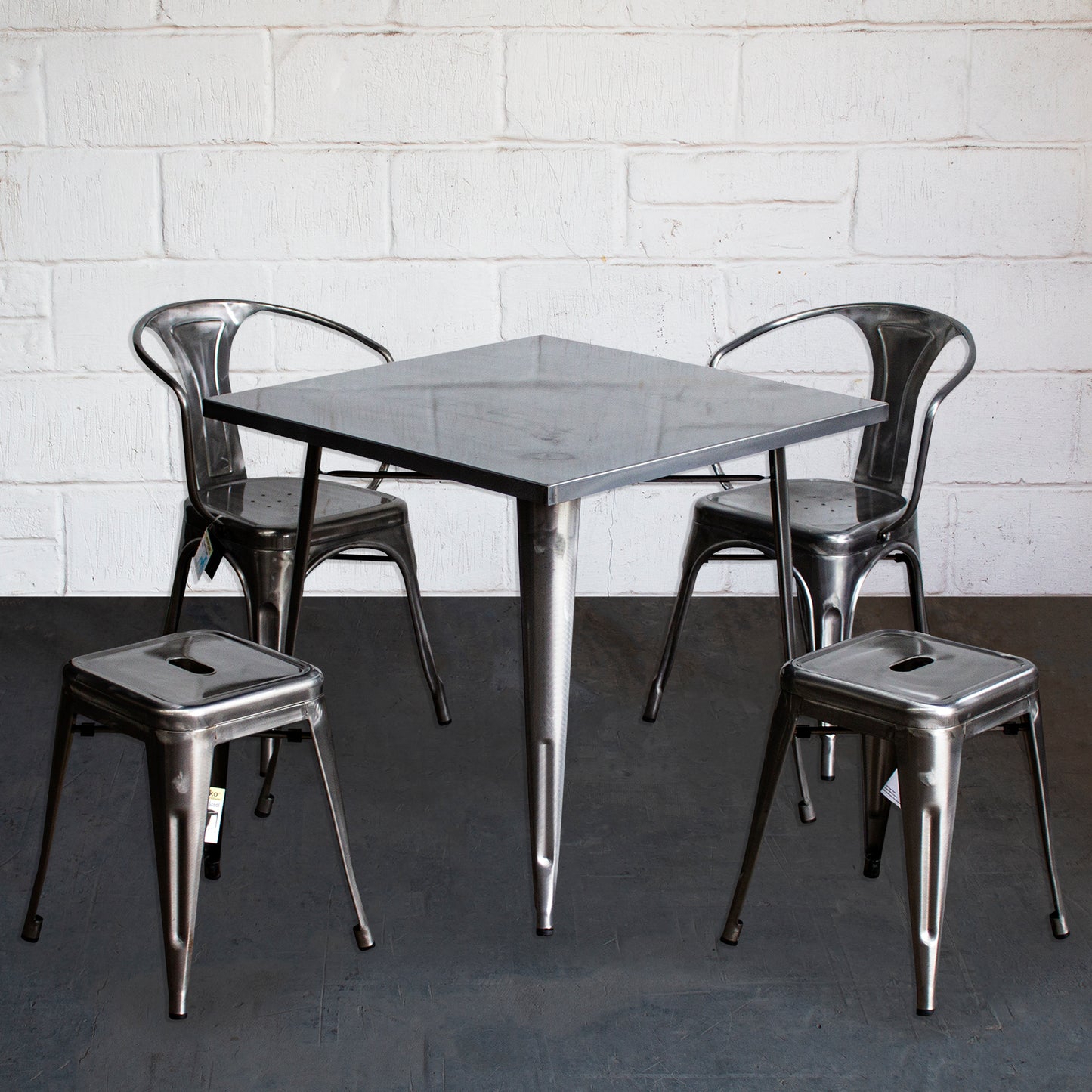 5PC Belvedere Table Forli Chair & Castel Stool Set - Steel