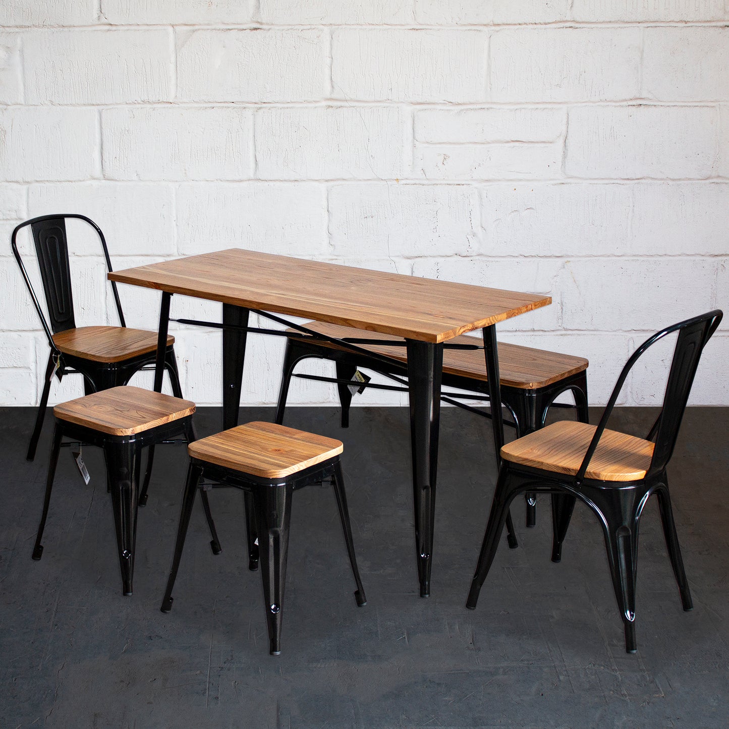 6PC Prato Table, 2 Palermo Chairs, 2 Rho Stools & Sicily Bench Set - Black