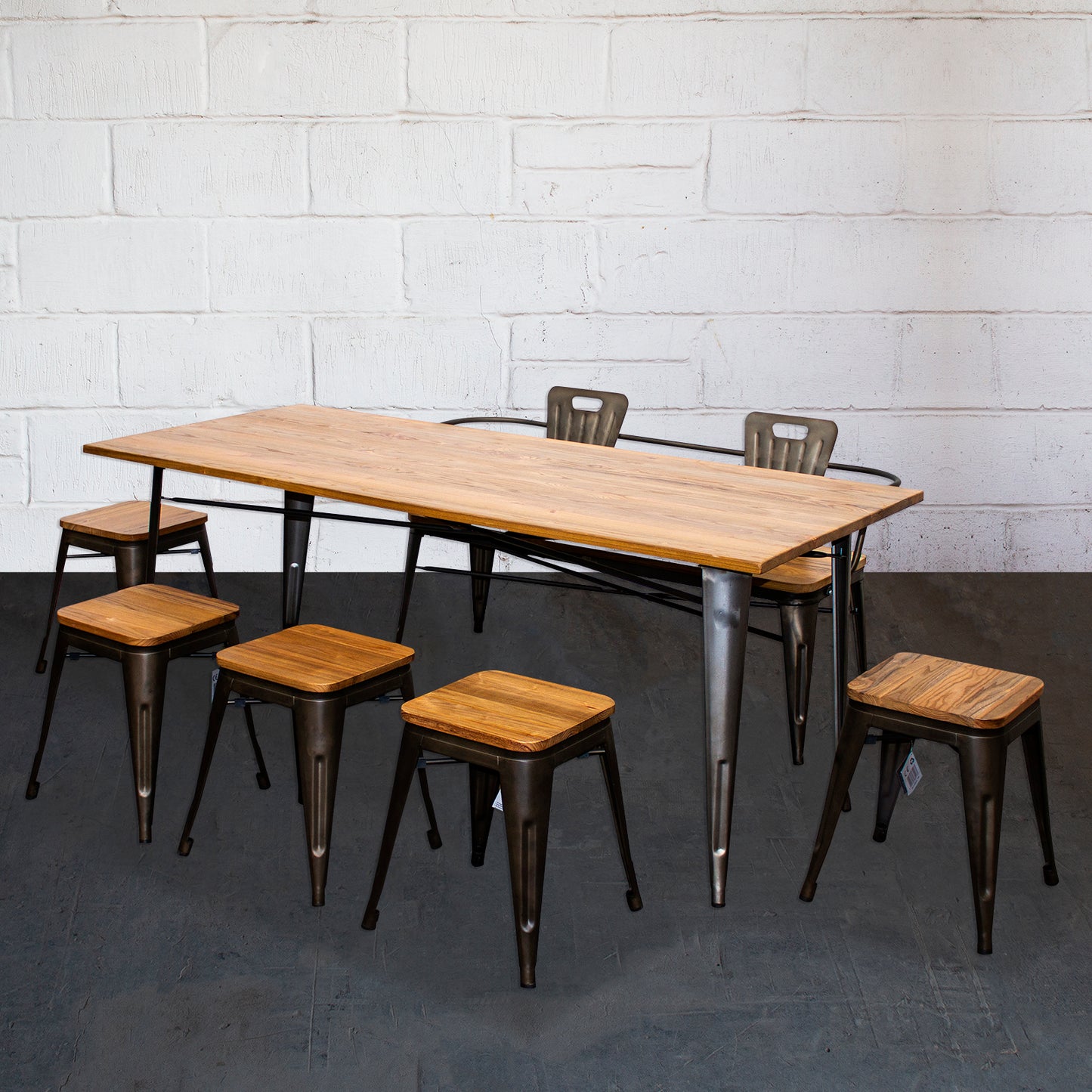 7PC Taranto Table, 5 Rho Stools & Nuoro Bench Set - Gun Metal Grey