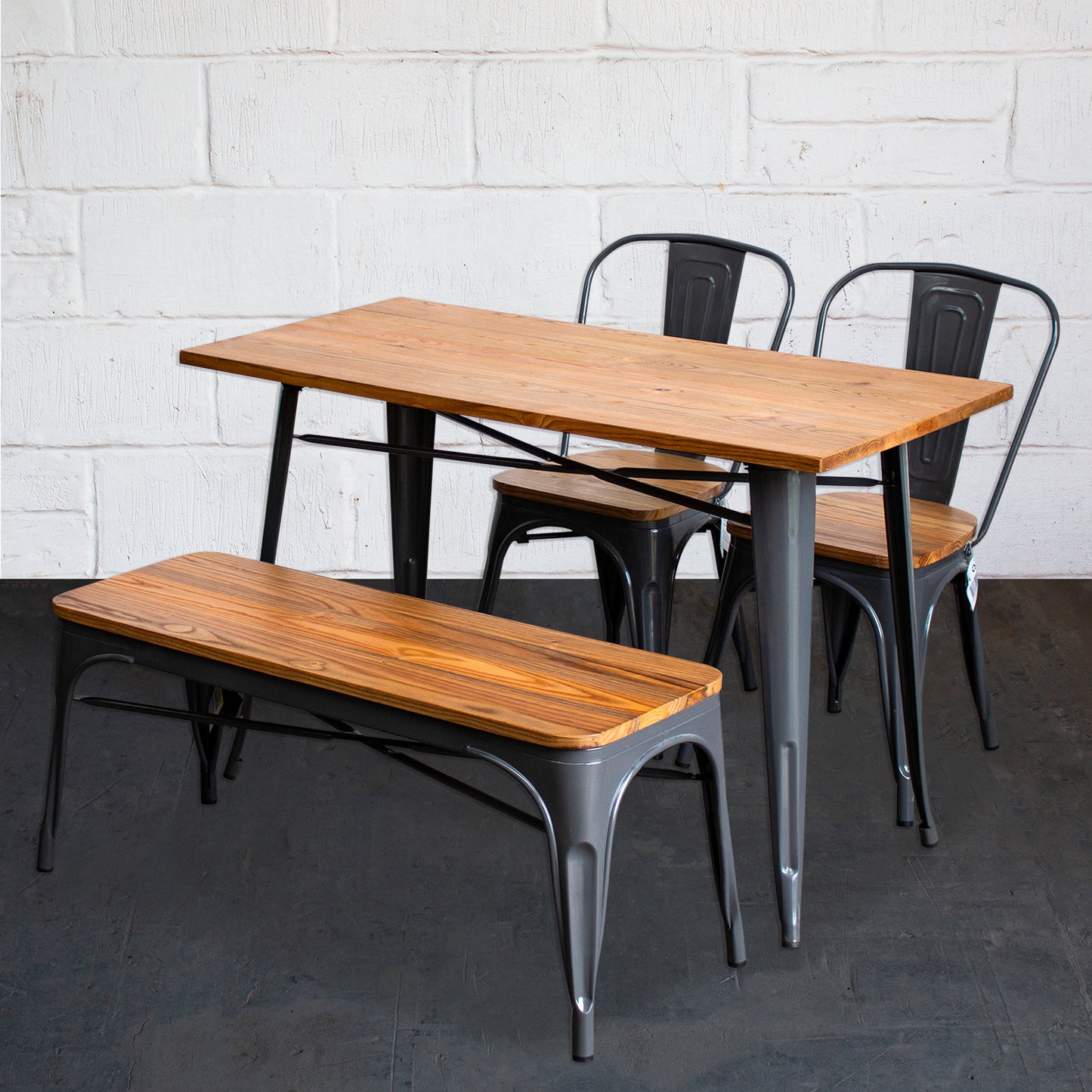 4PC Prato Table, 2 Palermo Chairs & Sicily Bench Set - Graphite Grey