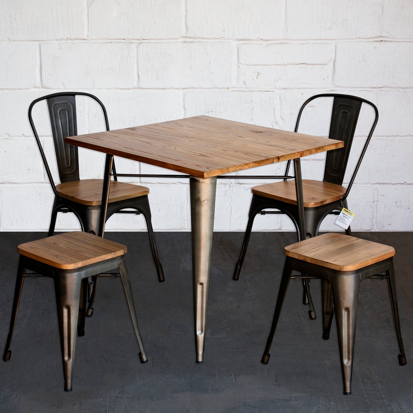 5PC Enna Table Palermo Chair & Rho Stool Set - Gun Metal Grey