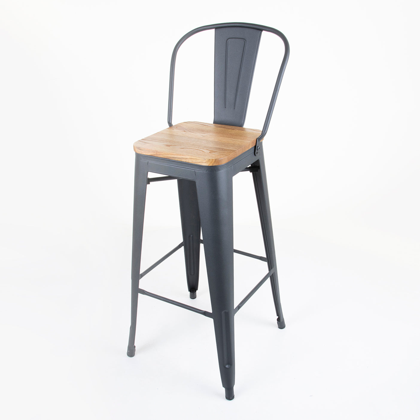 Set of 4 Rustic Wood Bar Stools With Backrest