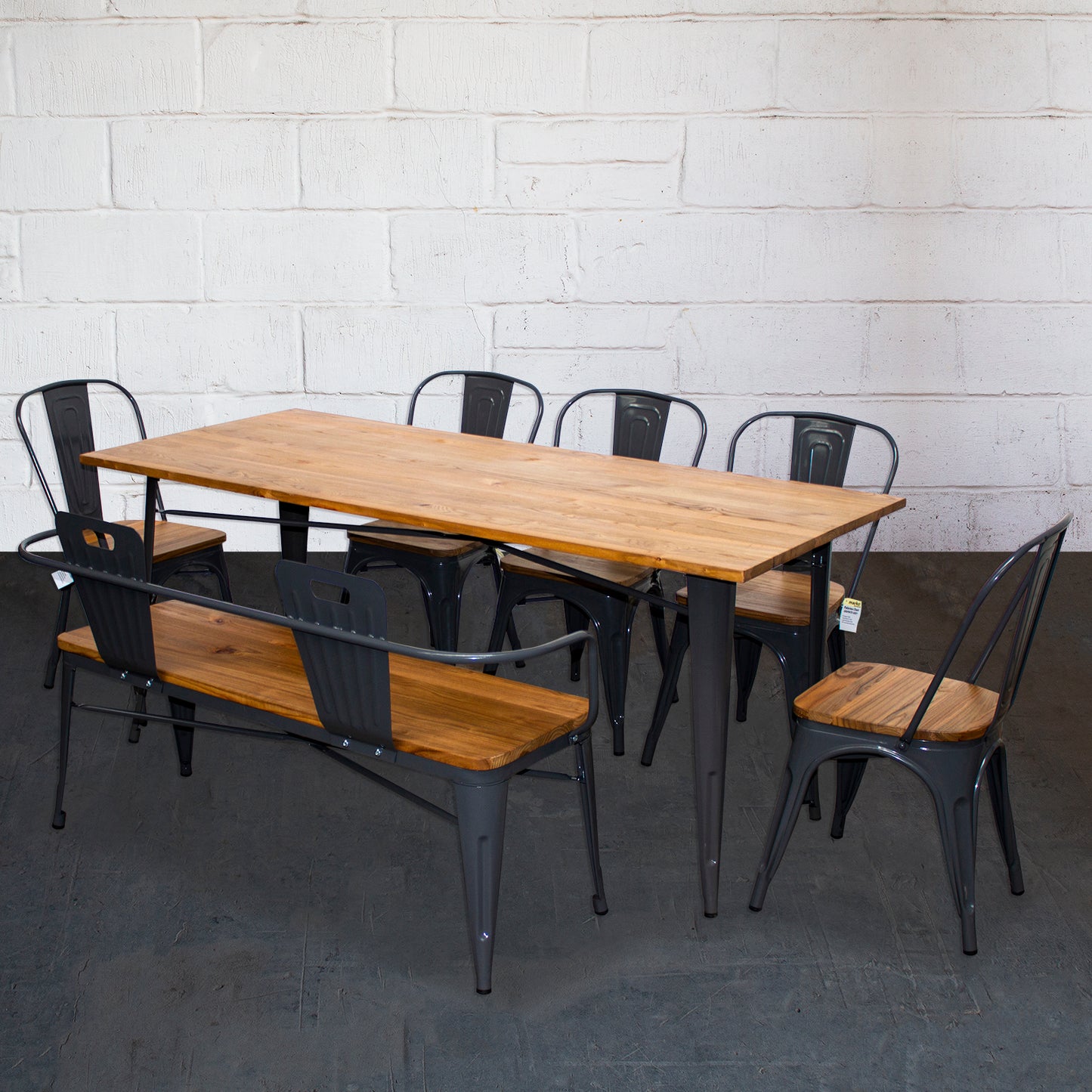 7PC Taranto Table, 5 Palermo Chairs & Nuoro Bench Set - Graphite Grey
