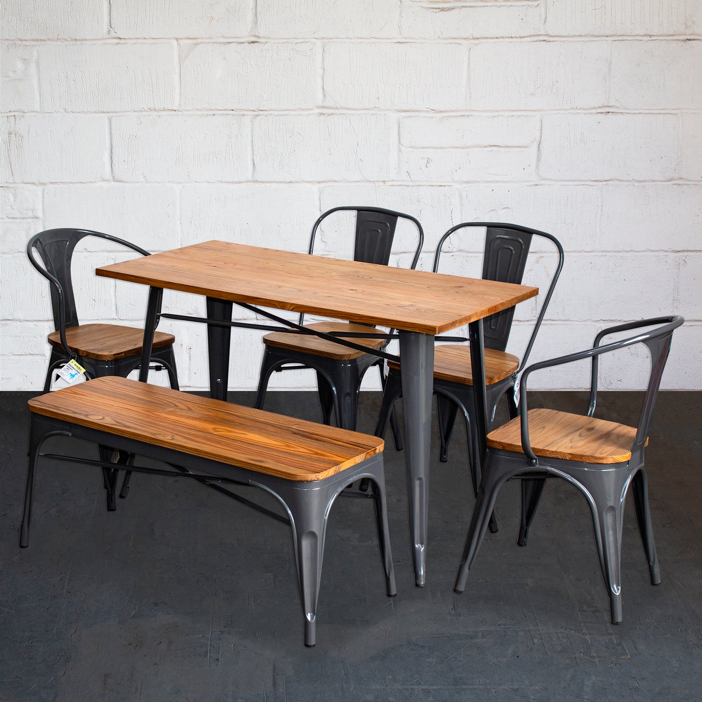 6PC Prato Table, 2 Florence Chairs, 2 Palermo Chairs & Sicily Bench Set - Graphite Grey