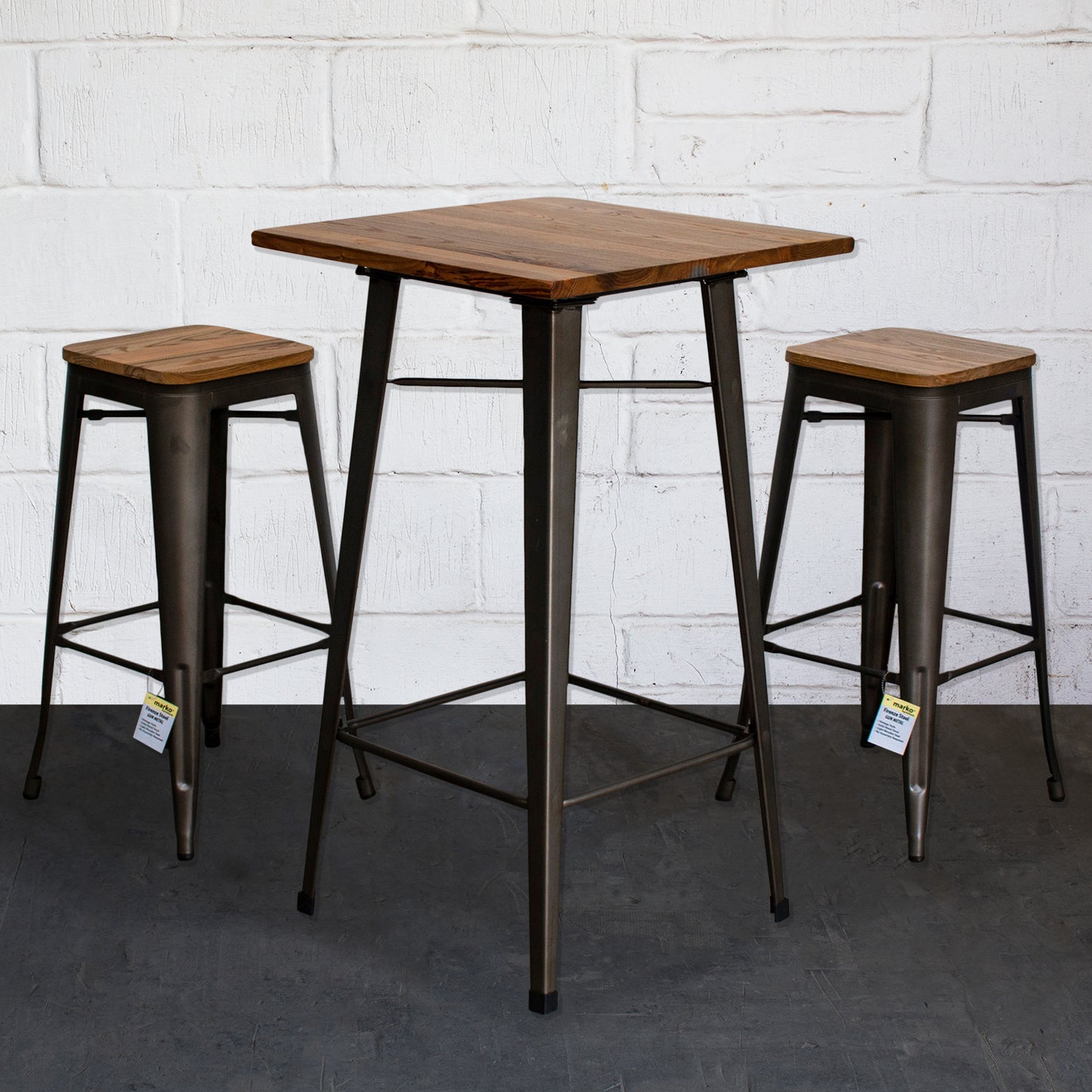 3PC Lodi Table & Firenze Bar Stool Set - Gun Metal Grey