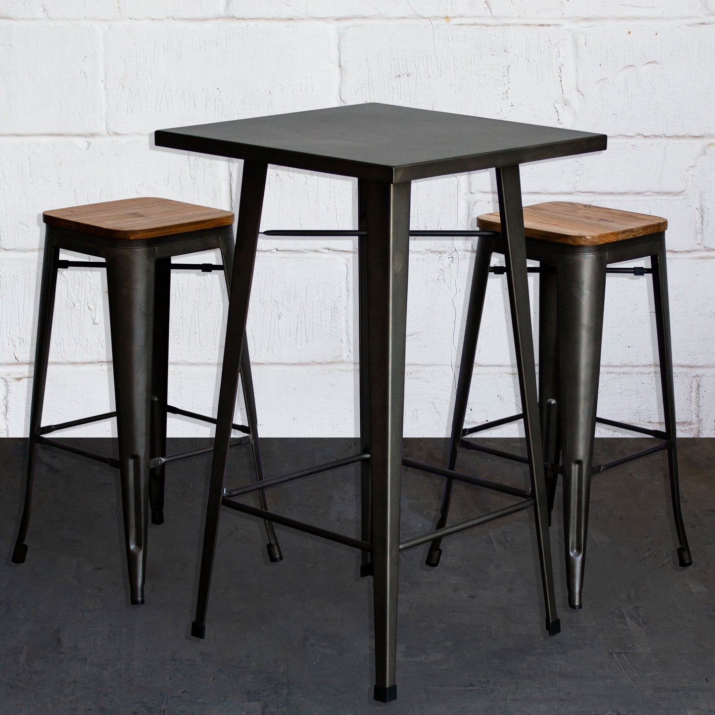 3PC Laus Table & Firenze Bar Stool Set - Gun Metal Grey