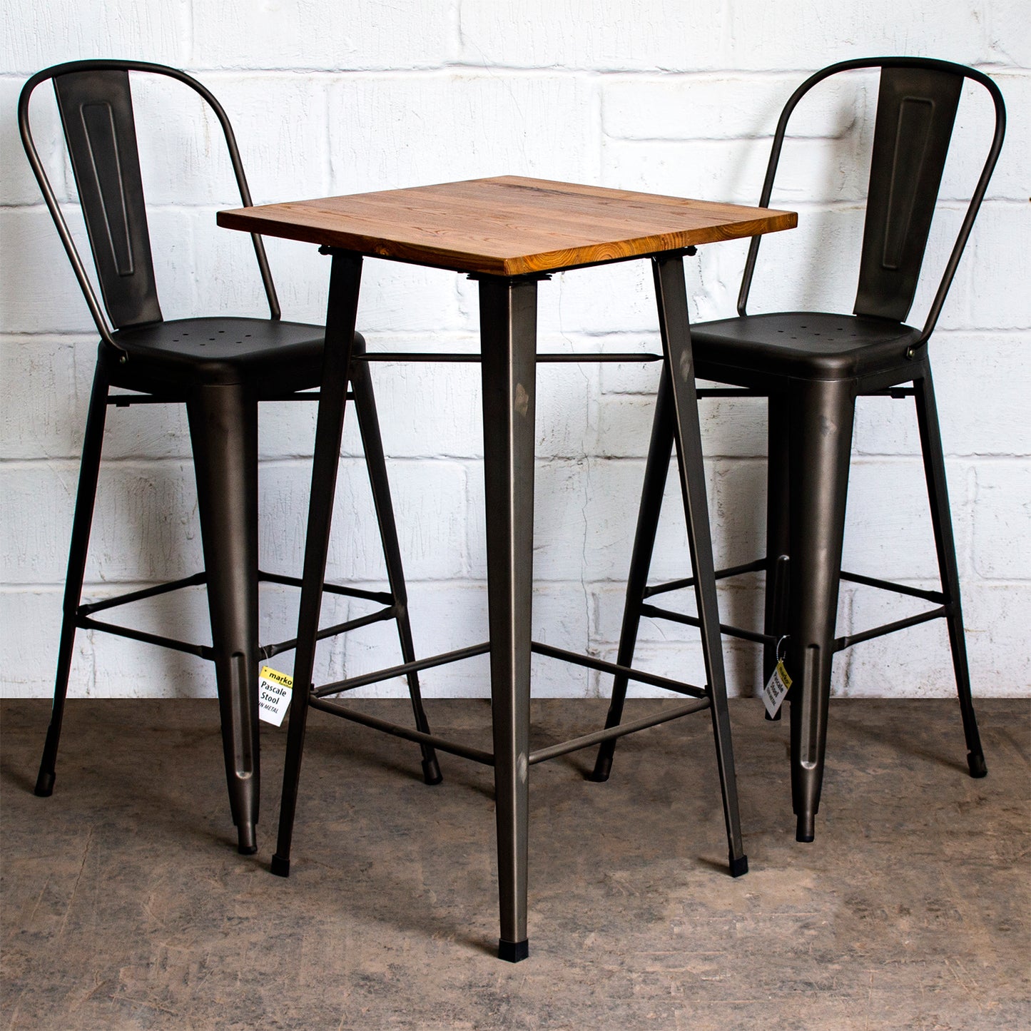 3PC Lodi Table & Pascale Bar Stool Set - Gun Metal Grey