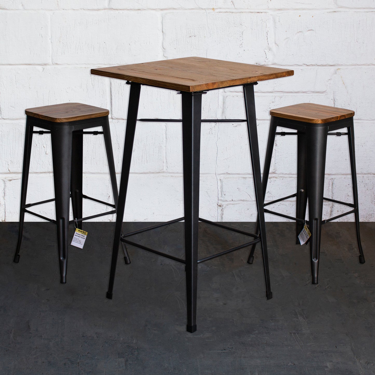 3PC Lodi Table & Firenze Bar Stool Set - Onyx Matt Black