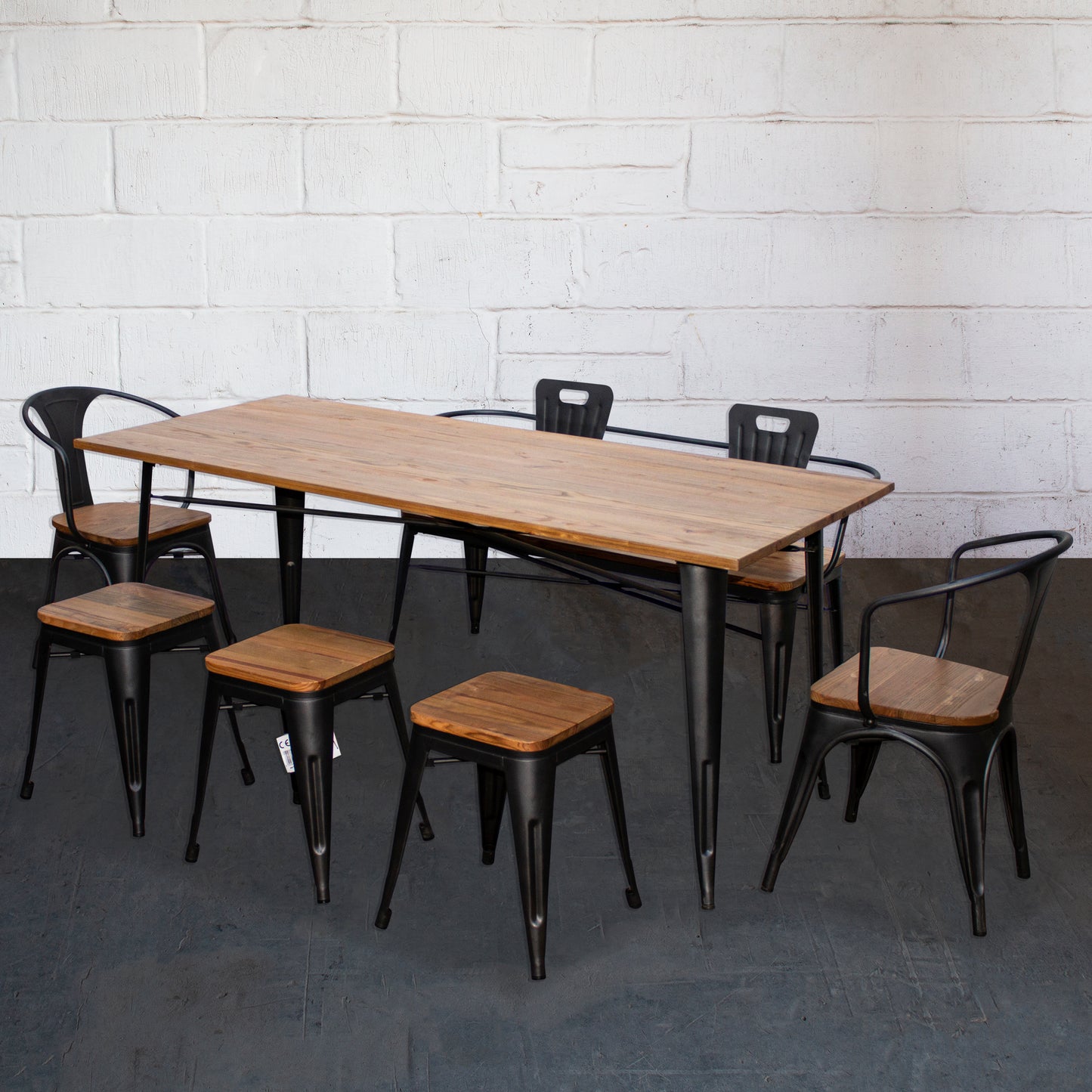7PC Taranto Table, 2 Florence Chairs, 3 Rho Stools & Nuoro Bench Set - Onyx Matt Black