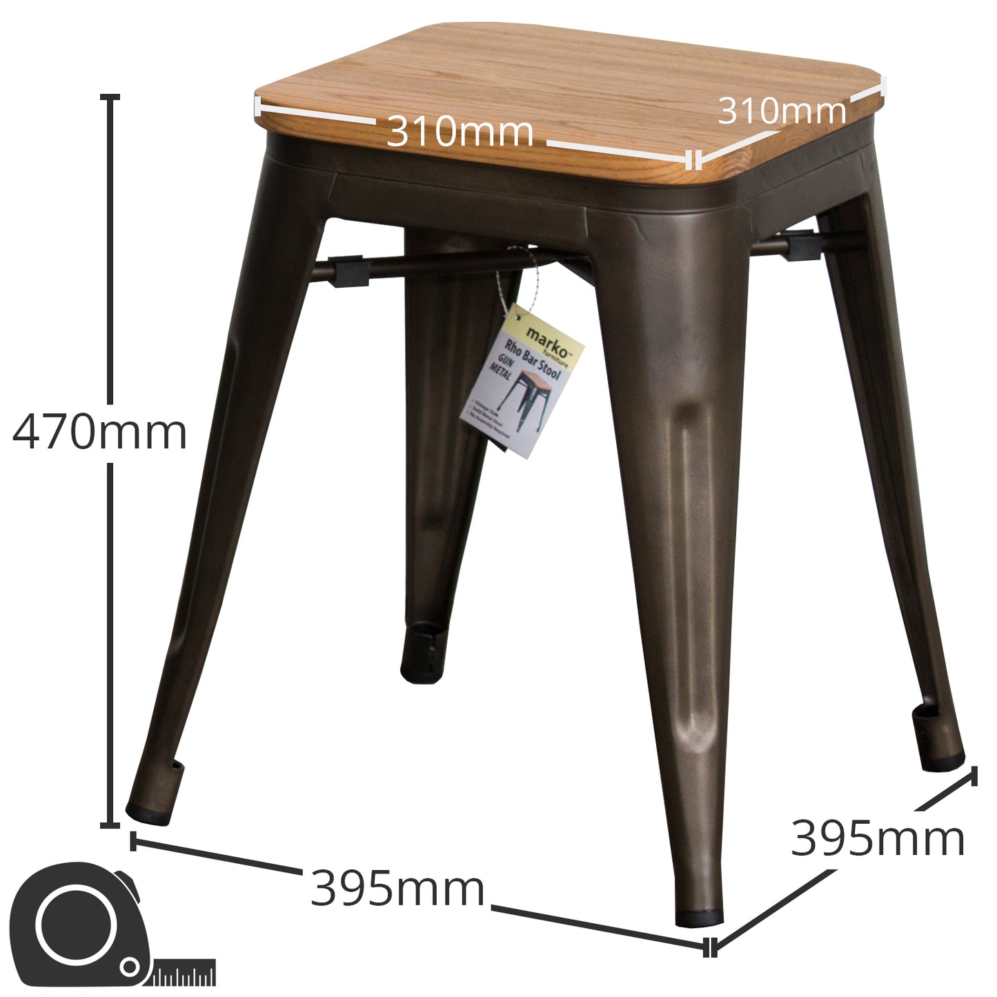 7PC Prato Table, 4 Florence Chairs & 2 Rho Stools Set - Gun Metal Grey