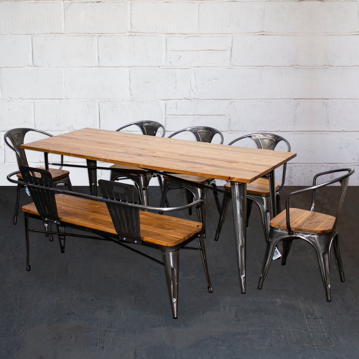 7PC Taranto Table, 5 Florence Chairs & Nuoro Bench Set - Steel