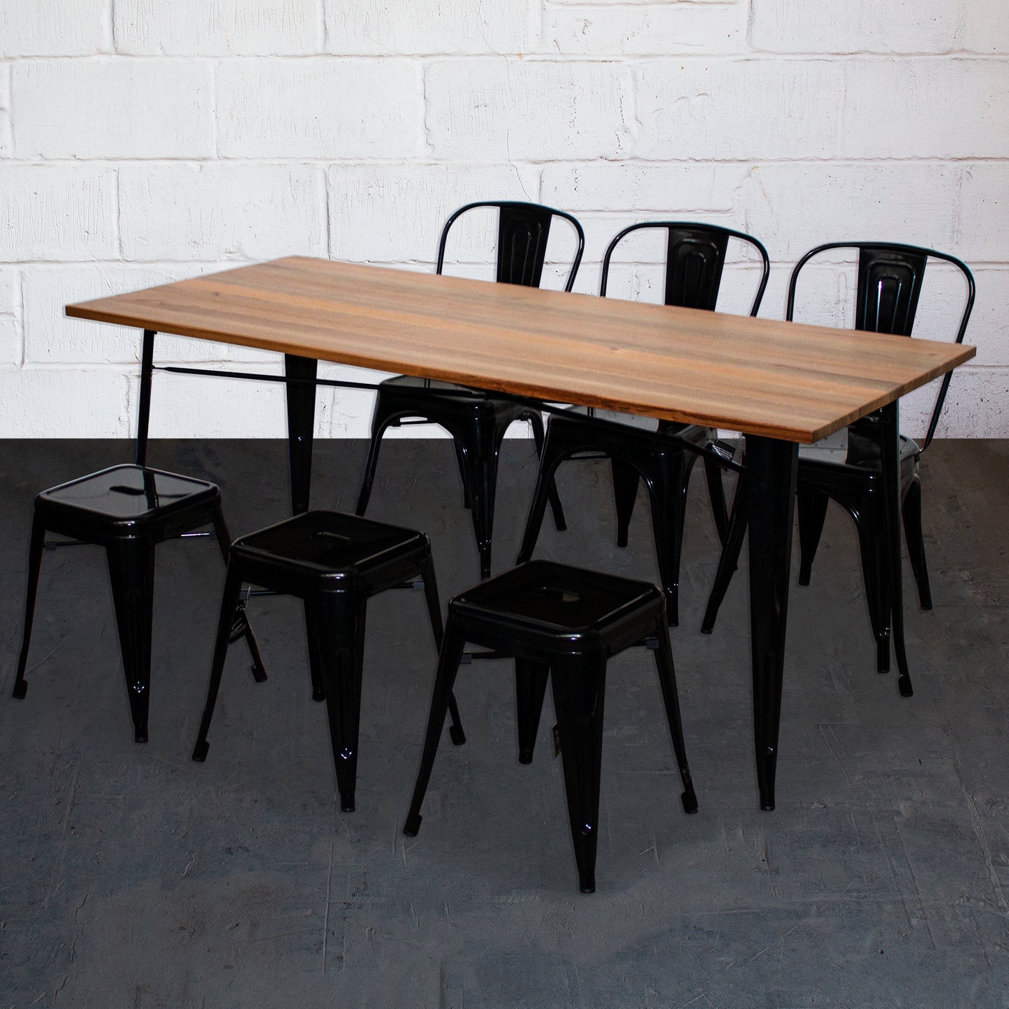 7PC Taranto Table, 3 Siena Chairs & 3 Castel Stools Set - Black
