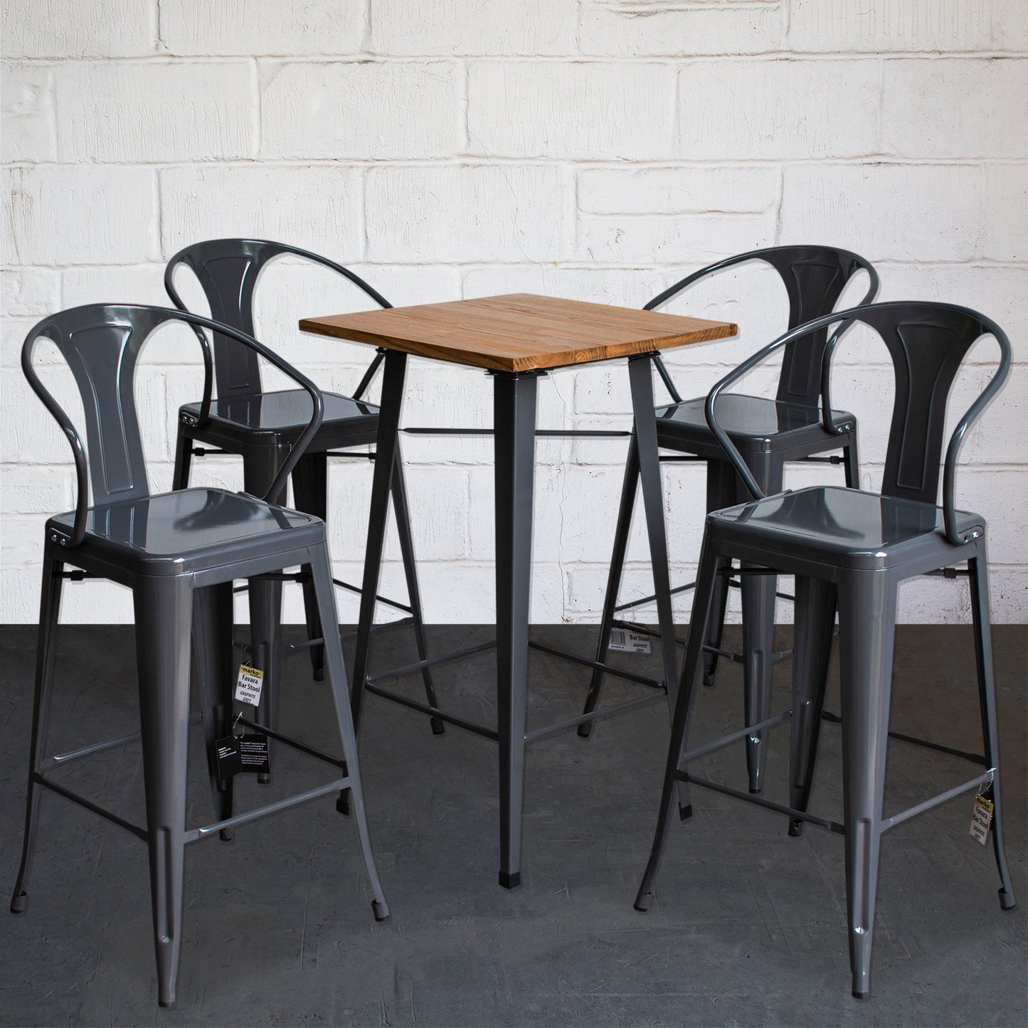 5PC Lodi Table & Favara Bar Stool Set - Graphite Grey
