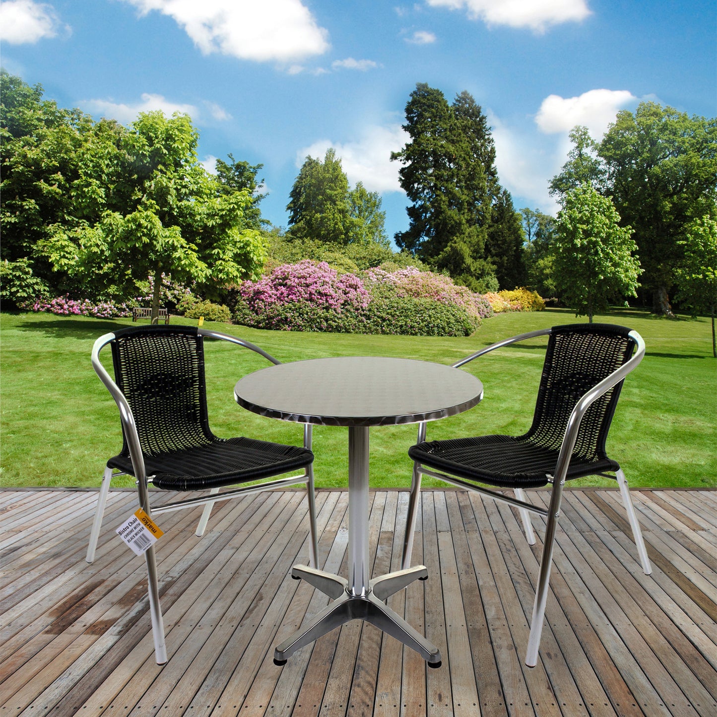 3PC Chrome Black Wicker Chair with Aluminium Chrome 60cm Round Table