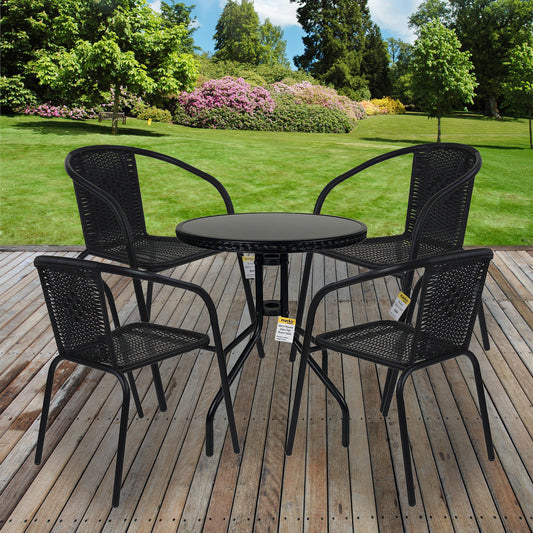 5PC Black Wicker Chairs with 60cm Black Wicker Edge Round Bistro Table