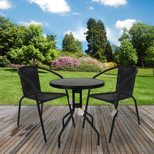 3PC Black Wicker Chairs with 60cm Black Wicker Edge Round Bistro Table