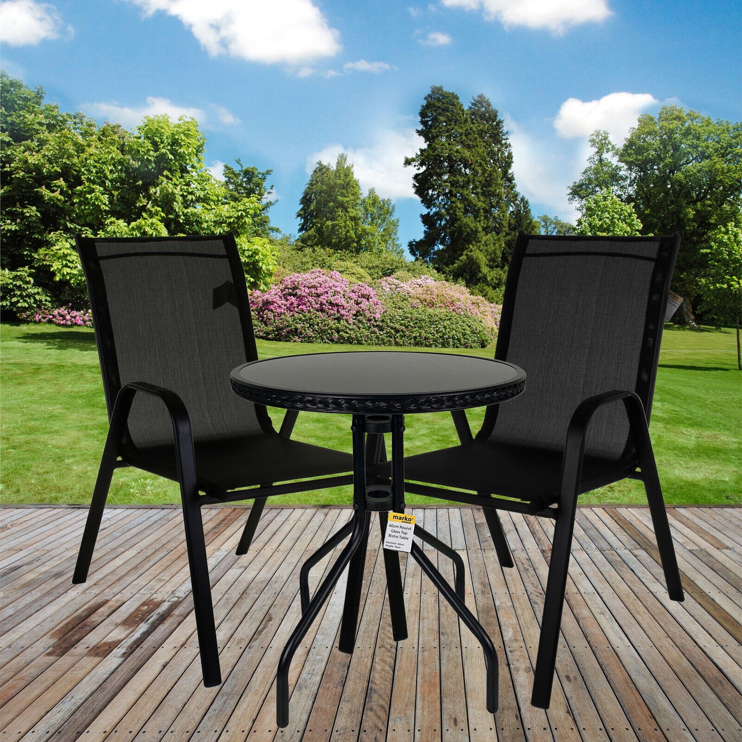 3PC Black Textoline Chairs with 60cm Black Wicker Edge Round Bistro Table