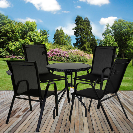 5PC Black Textoline Chairs with 60cm Black Wicker Edge Round Bistro Table