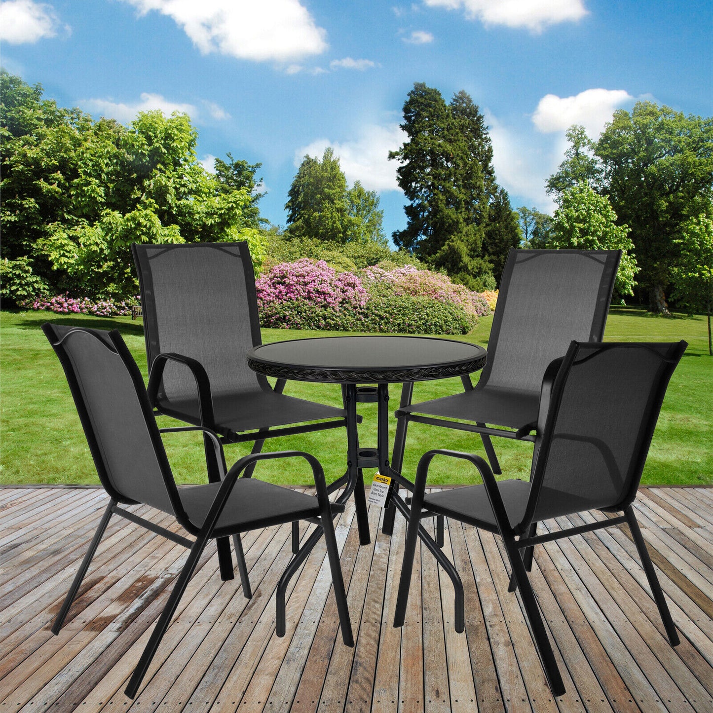 5PC Grey Textoline Chairs with 60cm Grey Wicker Edge Round Bistro Table