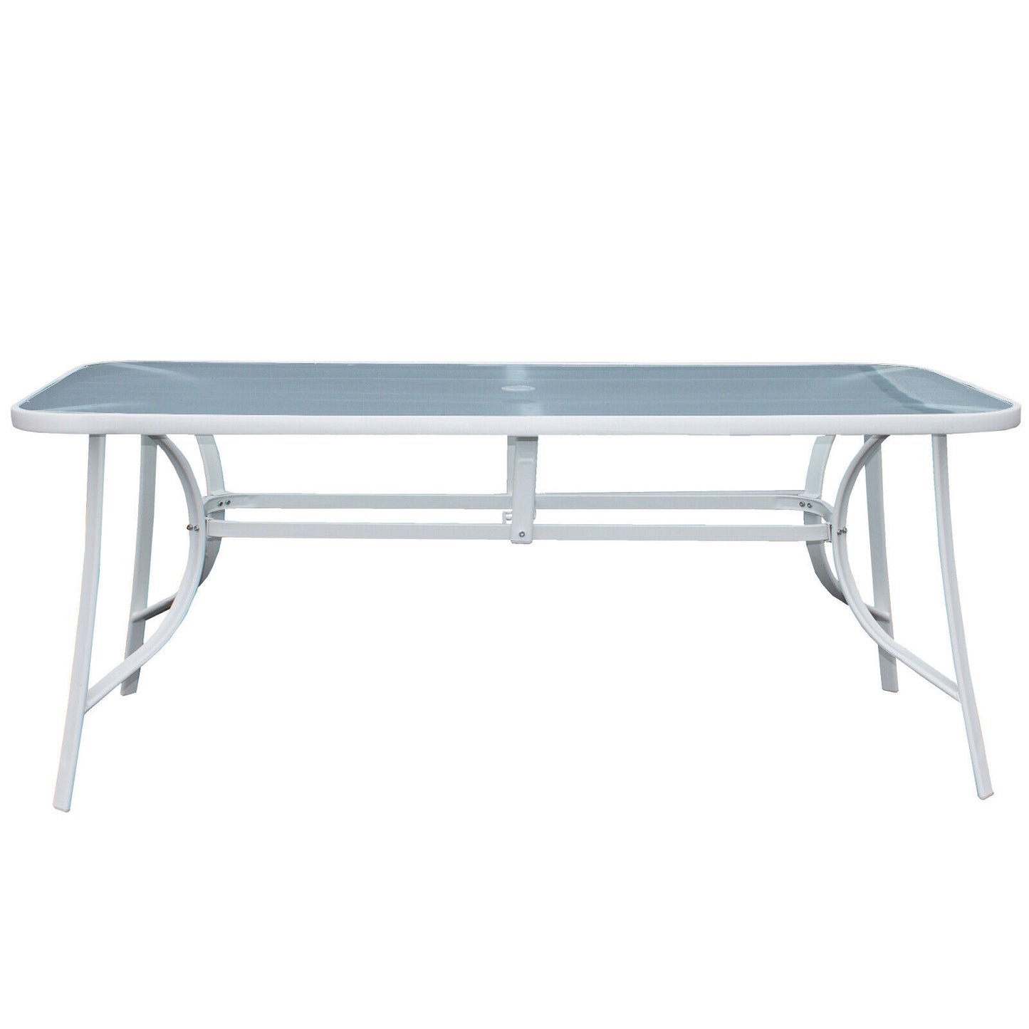 9PC Rectangular White Frame Grey Fog Glass Table, Cream Chair & Parasol Furniture Set