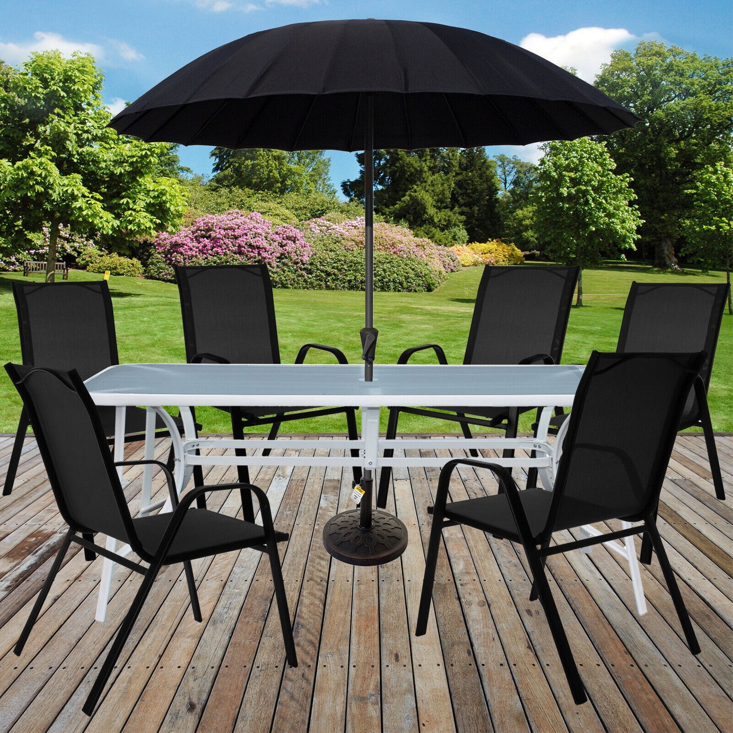 9PC Rectangular White Frame Grey Fog Glass Table, Black Chair & Parasol Furniture Set