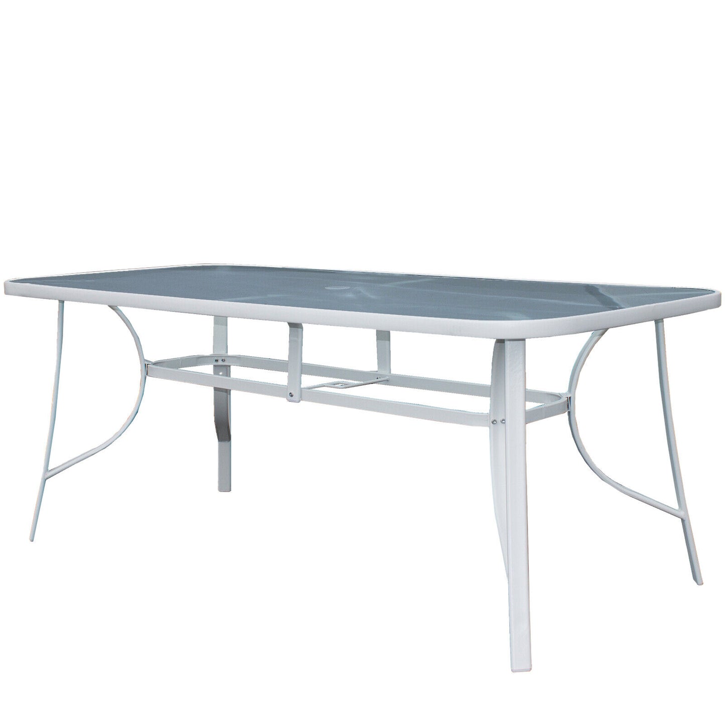 9PC Rectangular White Frame Grey Fog Glass Table, Black Chair & Parasol Furniture Set