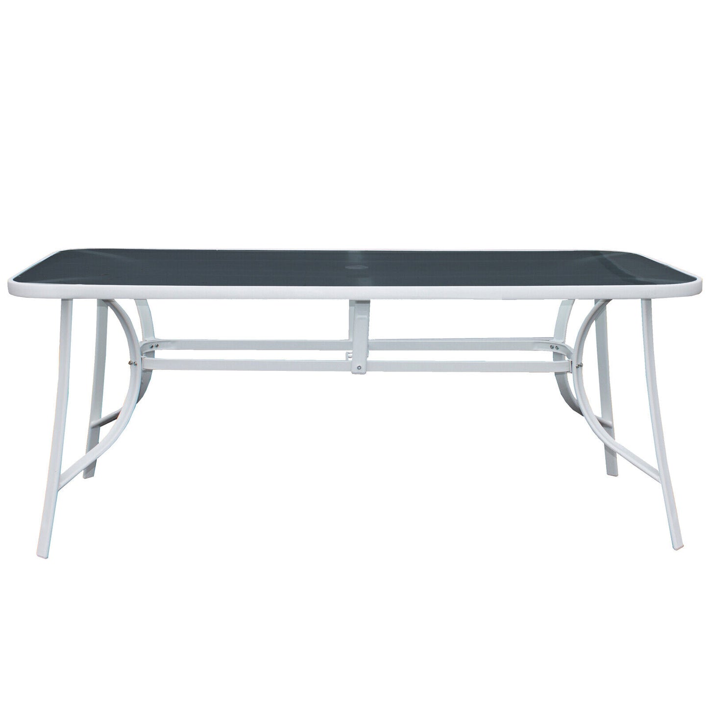 9PC Rectangular White Frame Black Glass Table, Grey Chair & Parasol Furniture Set