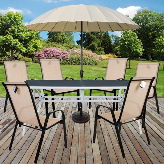 Copy of 9PC Rectangular White Frame Black Glass Table, Cream Chair & Parasol Furniture Set