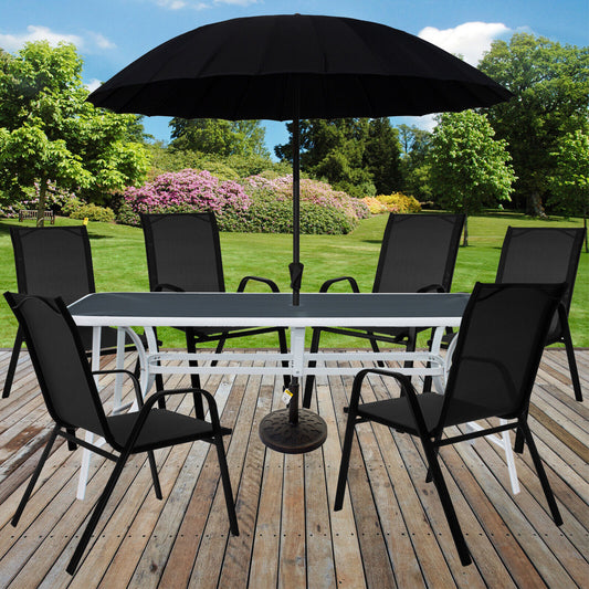 Copy of 9PC Rectangular White Frame Black Glass Table, Black Chair & Parasol Furniture Set