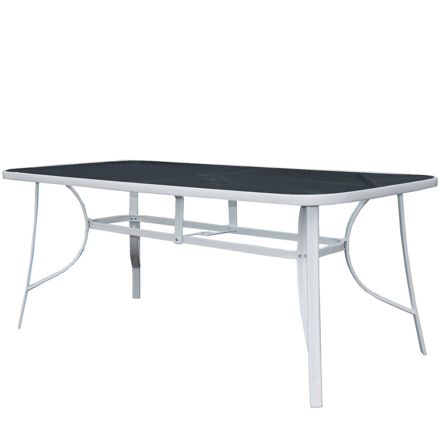Copy of 9PC Rectangular White Frame Black Glass Table, Black Chair & Parasol Furniture Set