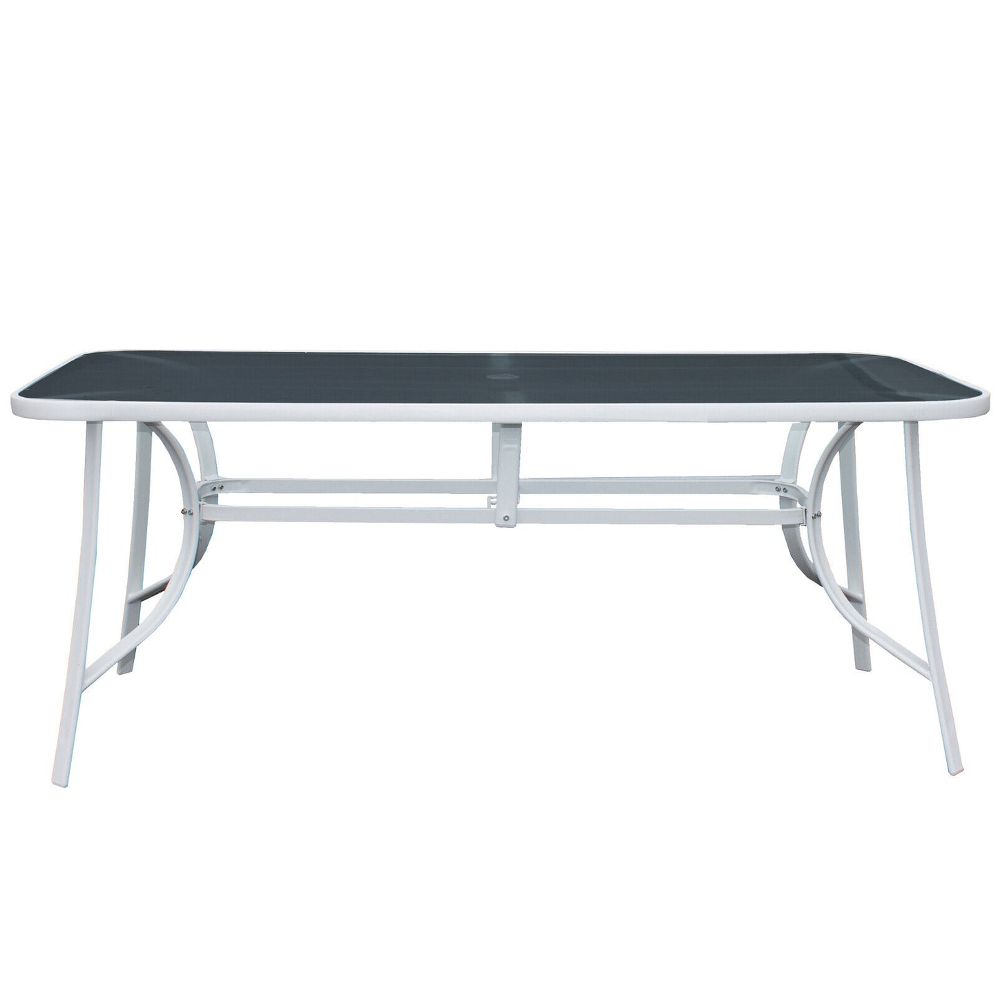 Copy of 9PC Rectangular White Frame Black Glass Table, Black Chair & Parasol Furniture Set