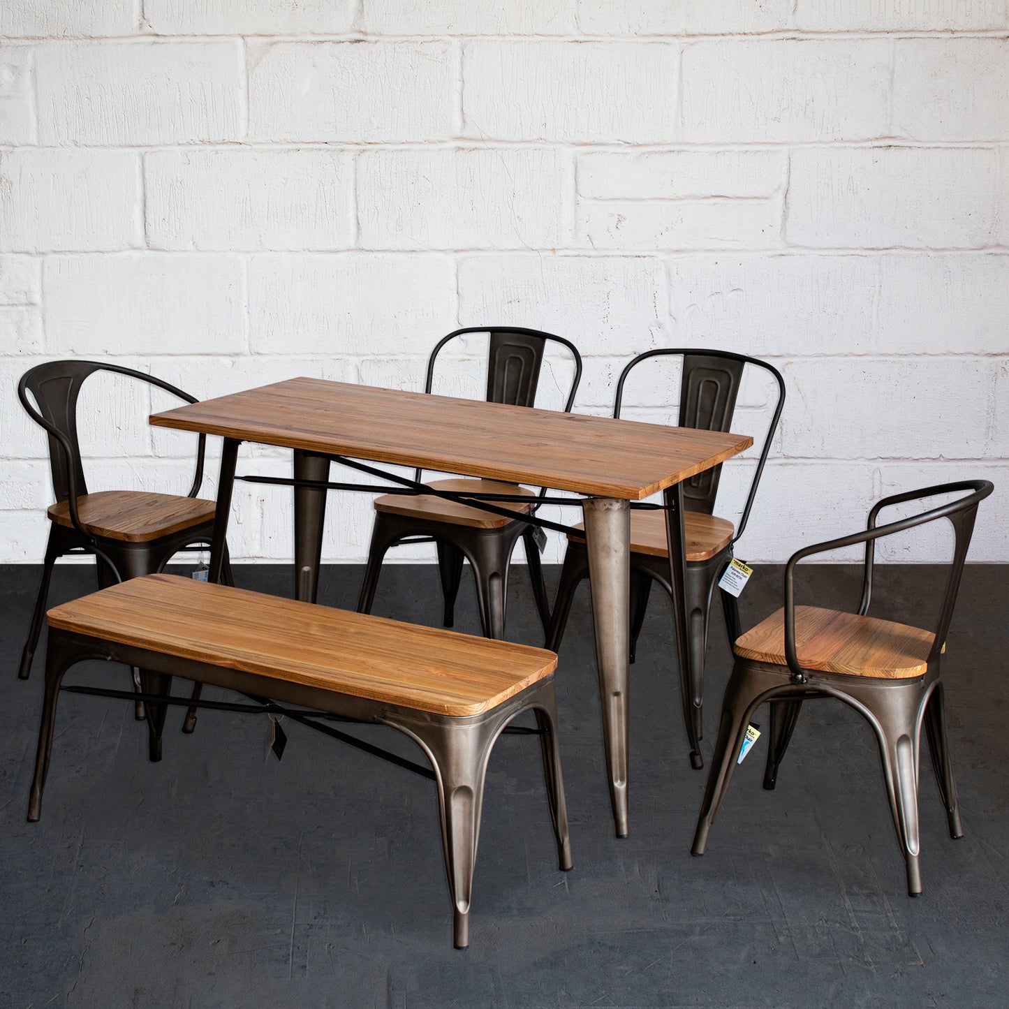 6PC Prato Table, 2 Florence Chairs, 2 Palermo Chairs & Sicily Bench Set - Gun Metal Grey