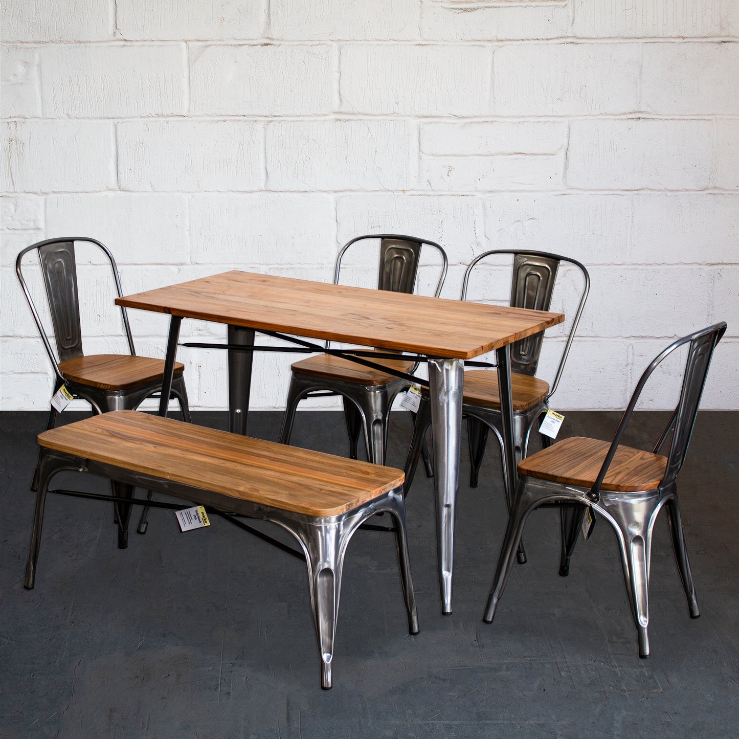 6PC Prato Table, 4 Palermo Chairs & Sicily Bench Set - Steel
