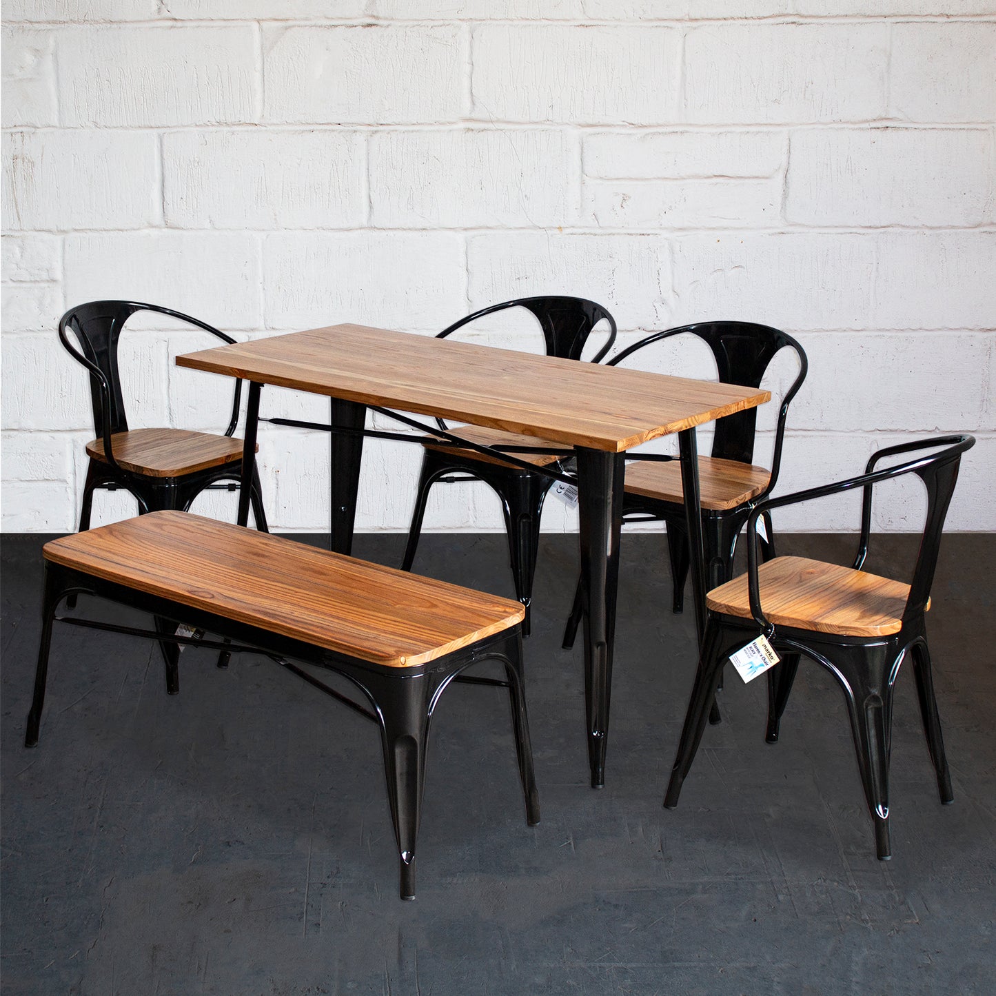 6PC Prato Table, 4 Florence Chairs & Sicily Bench Set - Black