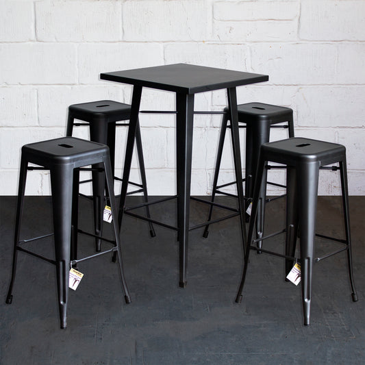 5PC Laus Table & Orvieto Bar Stool Set - Onyx Matt Black