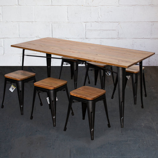 7PC Taranto Table & 6 Rho Stools Set - Onyx Matt Black