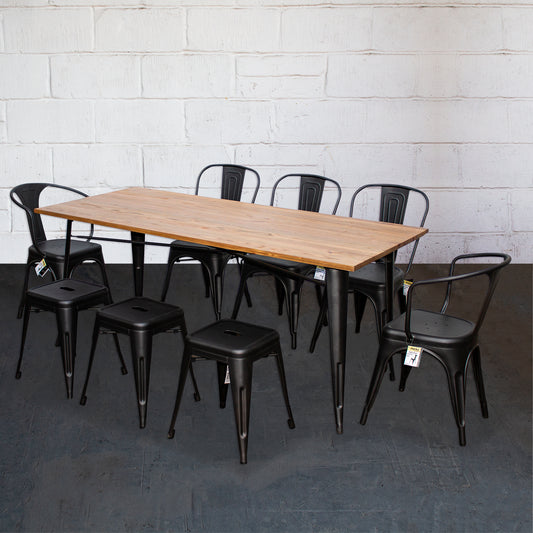 9PC Taranto Table, 2 Forli Chairs, 3 Siena Chairs & 3 Castel Stools Set - Onyx Matt Black