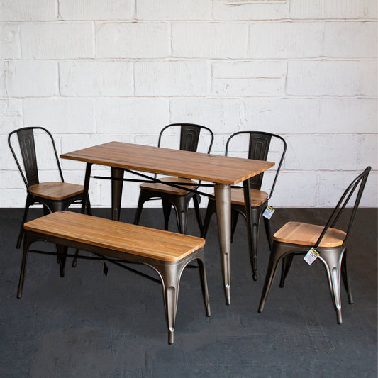 6PC Prato Table, 4 Palermo Chairs & Sicily Bench Set - Gun Metal Grey