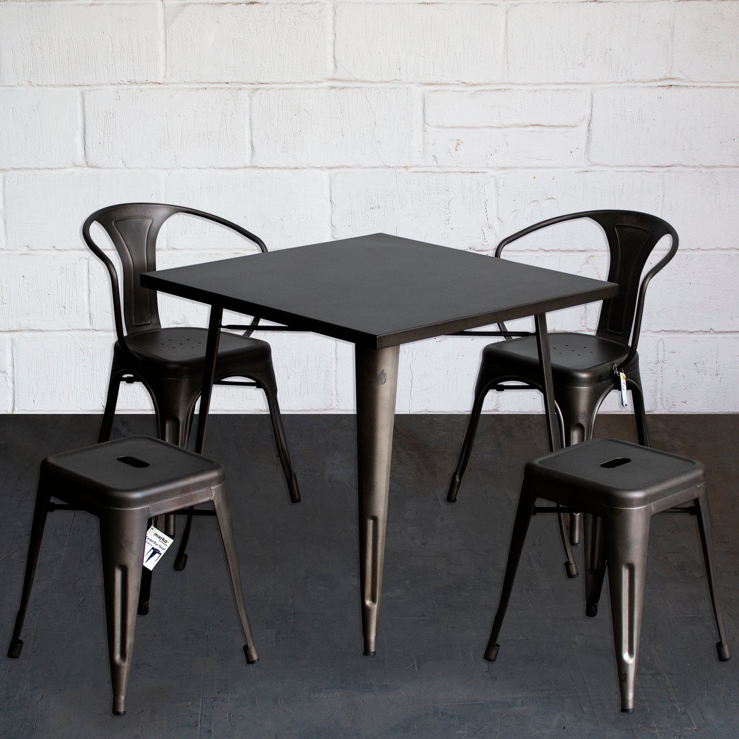 5PC Belvedere Table Forli Chair & Castel Stool Set - Gun Metal Grey