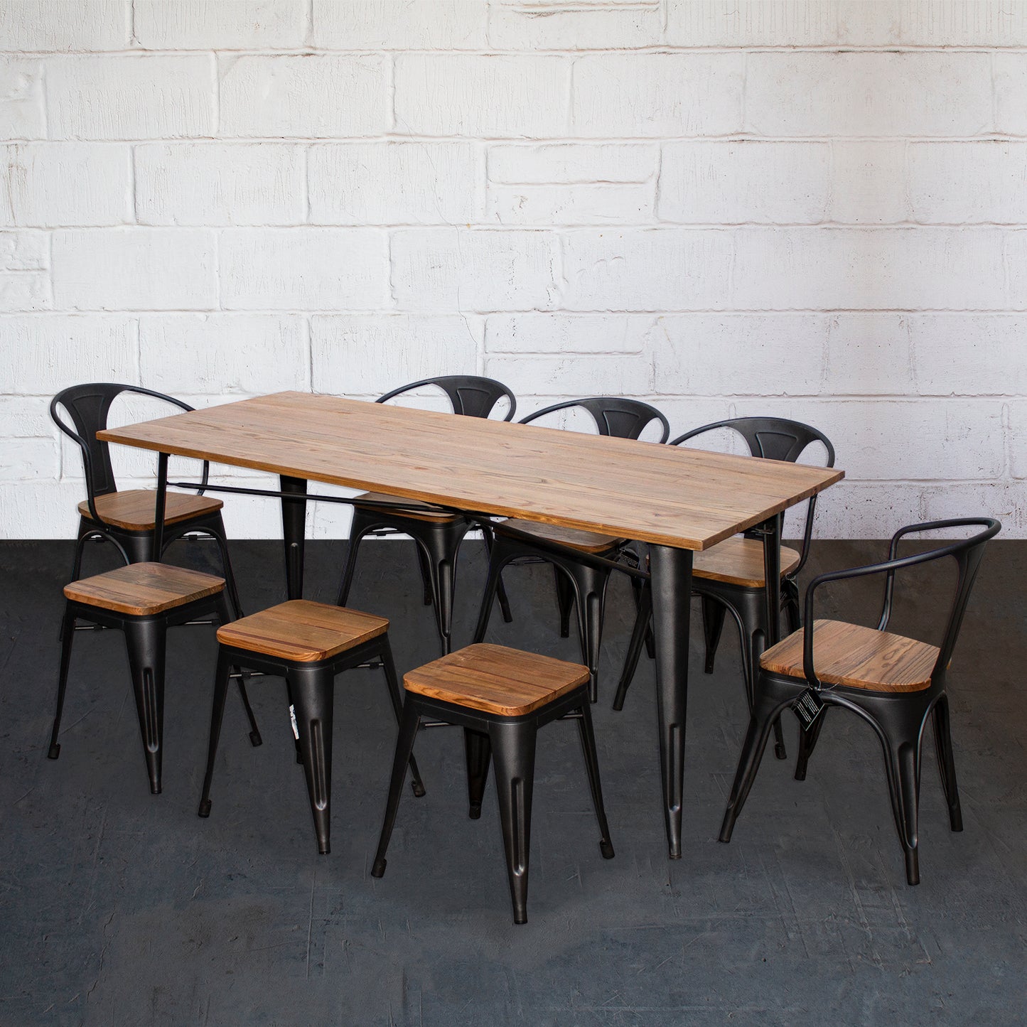 9PC Taranto Table, 5 Florence Chairs & 3 Rho Stools Set - Onyx Matt Black