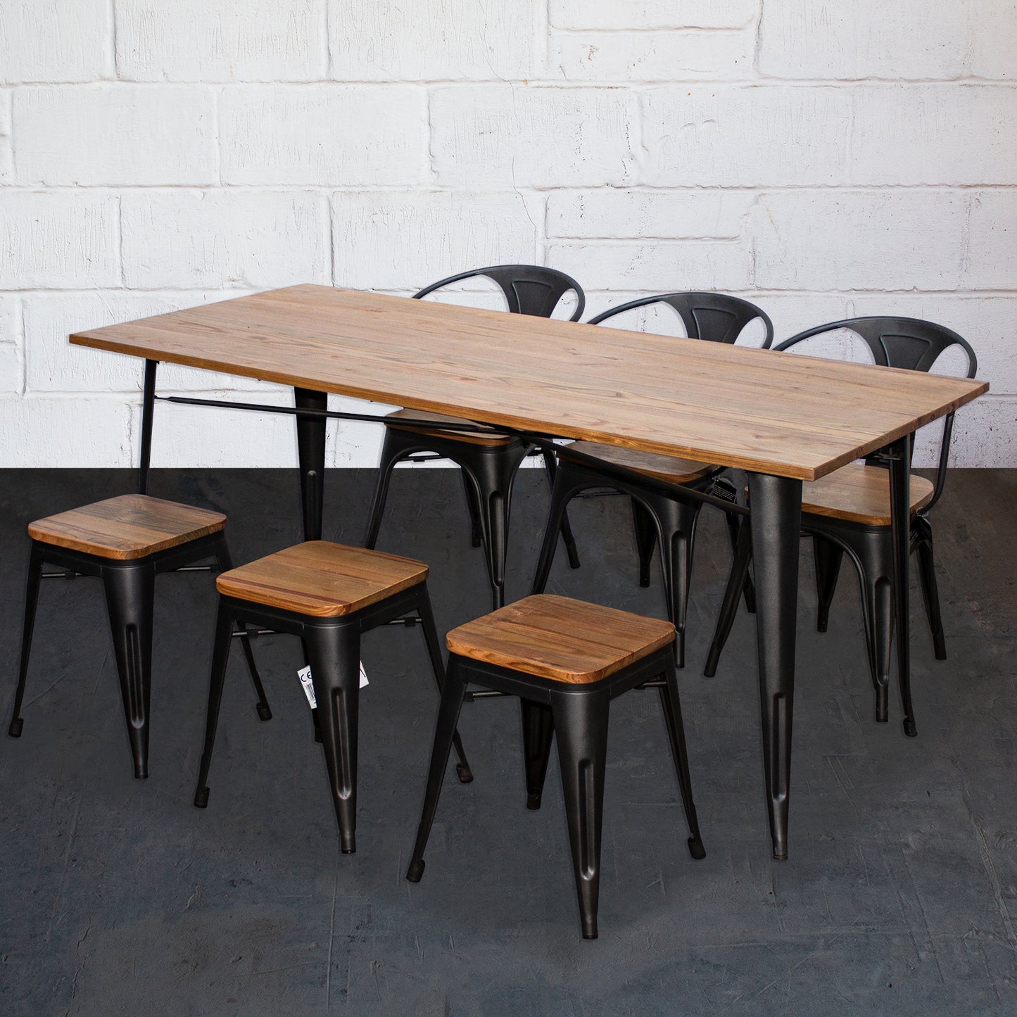 7PC Taranto Table, 3 Florence Chairs & 3 Rho Stools Set - Onyx Matt Black