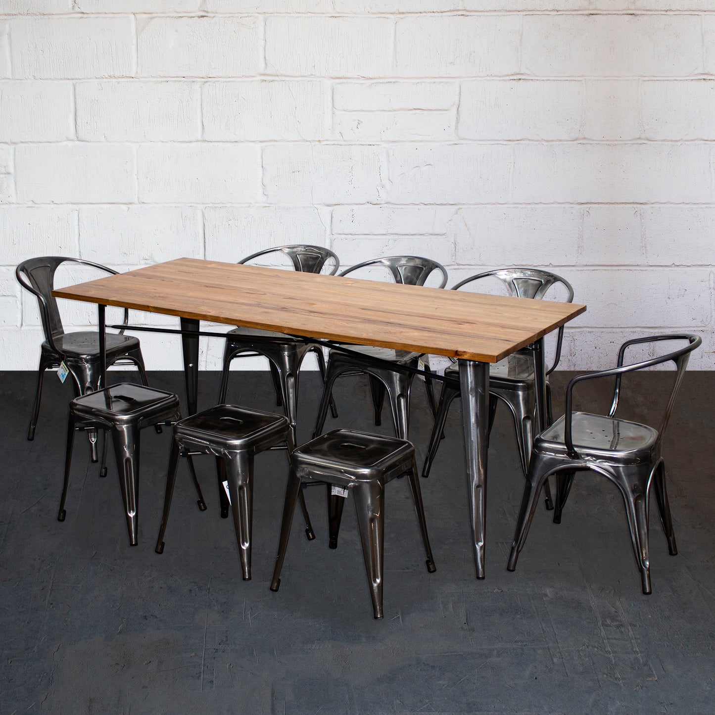 9PC Taranto Table, 5 Forli Chairs & 3 Castel Stools Set - Steel