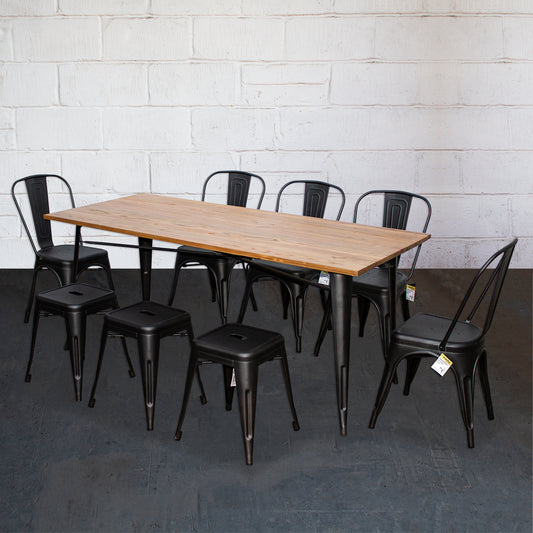 9PC Taranto Table, 5 Siena Chairs & 3 Castel Stools Set - Onyx Matt Black