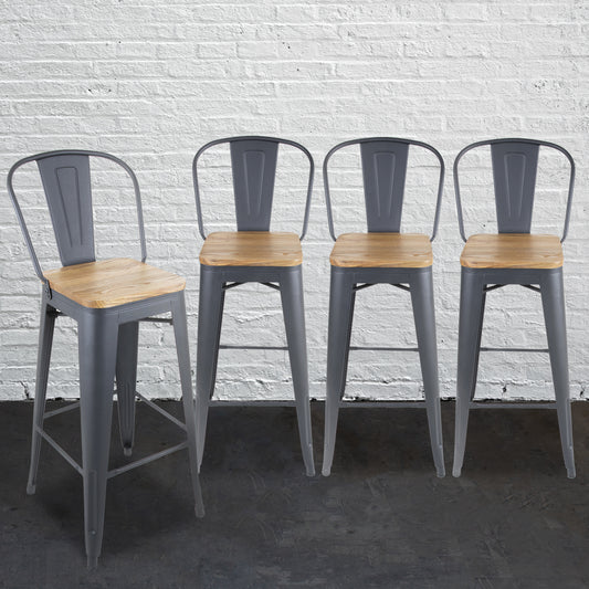 Set of 4 Rustic Wood Bar Stools With Backrest