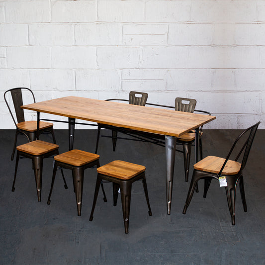 7PC Taranto Table, 2 Palermo Chairs, 3 Rho Stools & Nuoro Bench Set - Gun Metal Grey